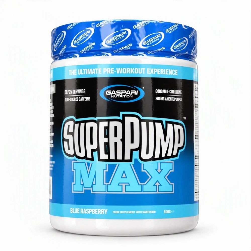 Pre-workout supplement tub in blue and white, Blue Raspberry flavor
