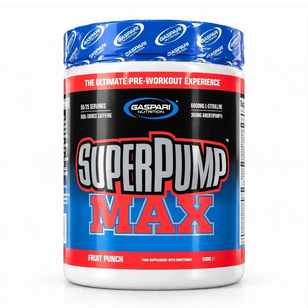 Pre-workout supplement tub in blue and white, Fruit Punch flavor