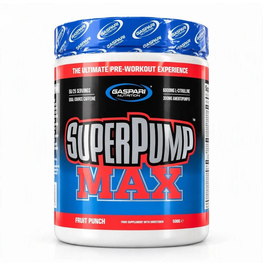 Pre-workout supplement tub in blue and white, Fruit Punch flavor