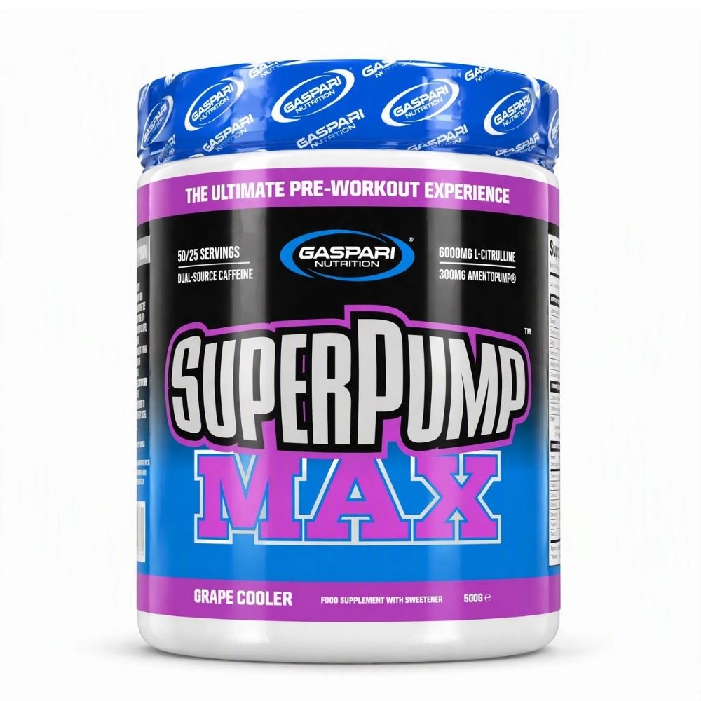Pre-workout supplement tub in blue and purple, Grape Cooler flavor