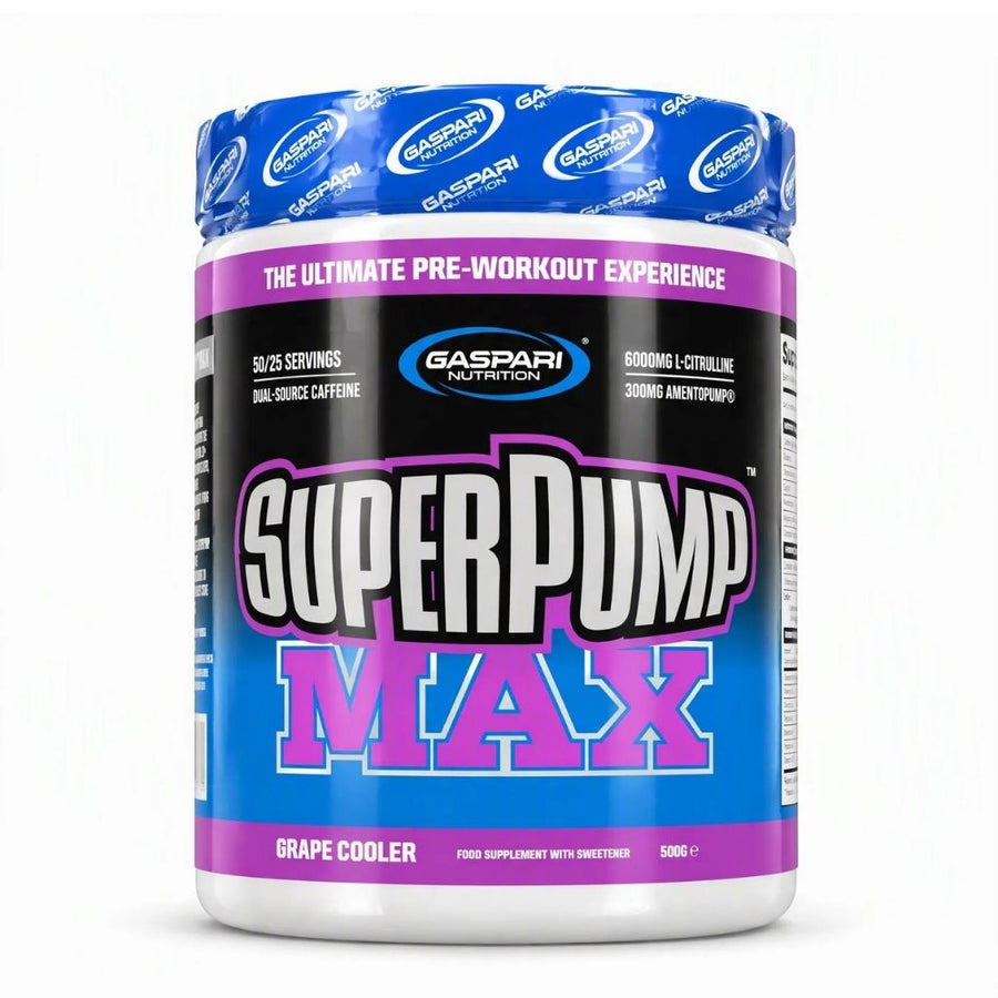 Pre-workout supplement tub in blue and purple, Grape Cooler flavor