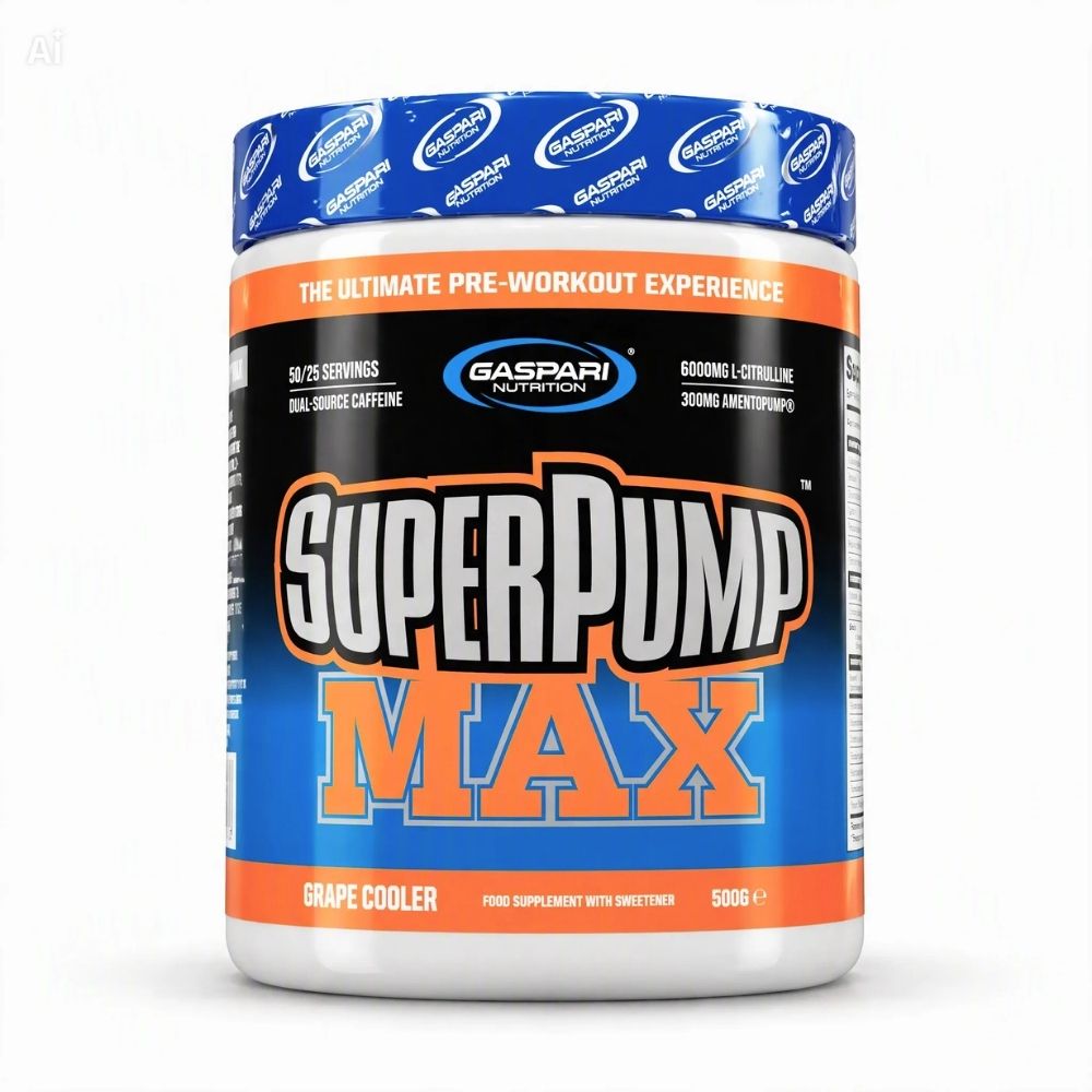 Pre-workout tub with blue lid and orange label, 'Superpump Max' grape cooler