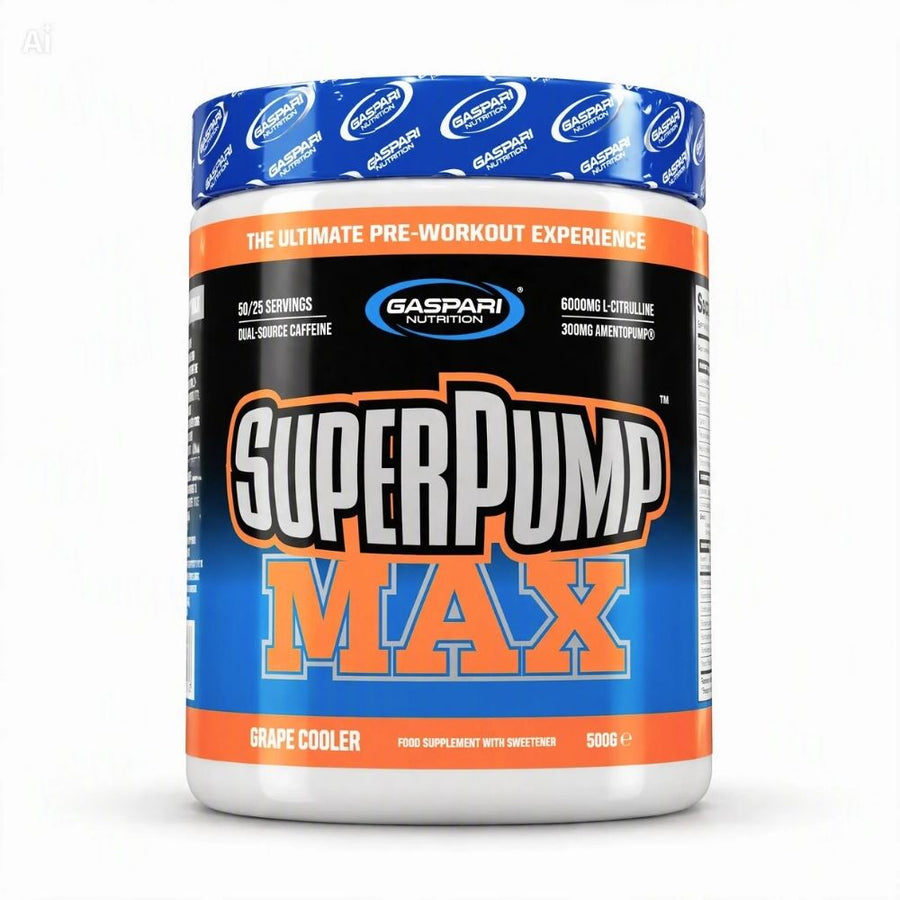 Pre-workout tub with blue lid and orange label, 'Superpump Max' grape cooler