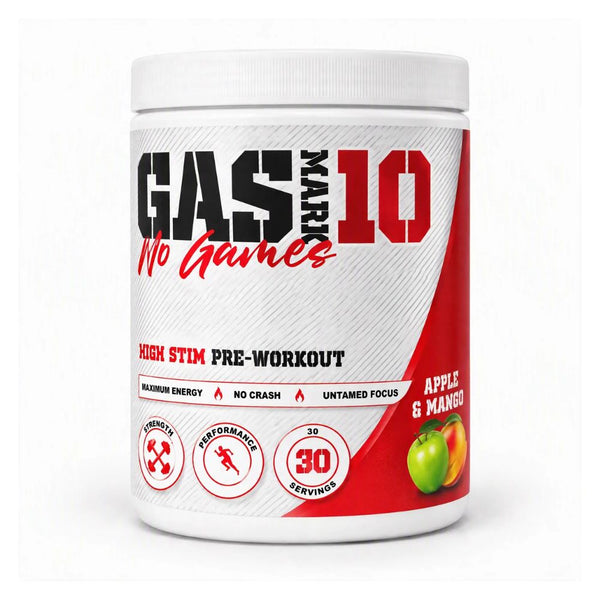 Gas Mark 10 No Games pre-workout tub, 30 servings, Apple Mango flavor