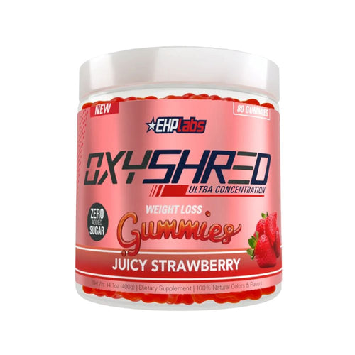 Jar of juicy strawberry weight loss gummies, sealed lid, zero sugar label