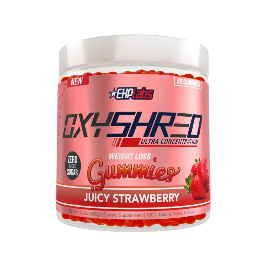Jar of juicy strawberry weight loss gummies, sealed lid, zero sugar label