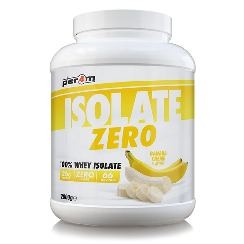 Whey protein isolate tub in white with yellow Banana Creme label