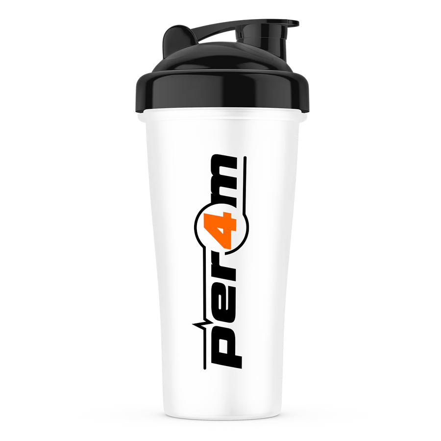 700ml white shaker bottle with black lid and printed logo