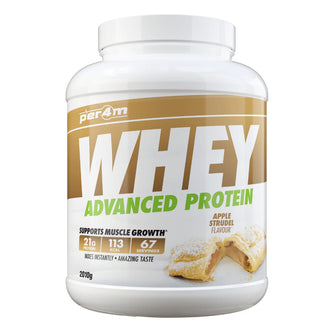 Per4m whey protein powder in apple strudel flavor supports muscle growth with 21g protein per serving