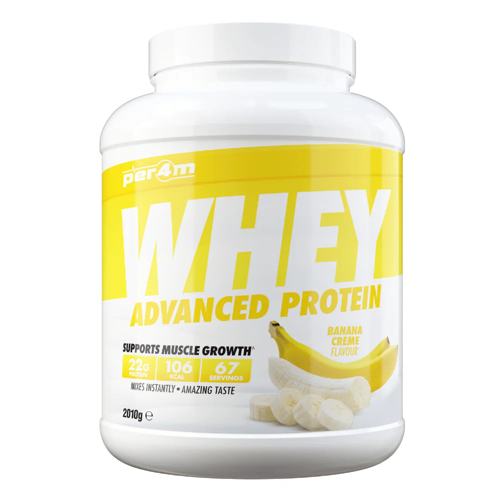 Per4m whey protein powder banana creme flavor in white and yellow container for muscle growth