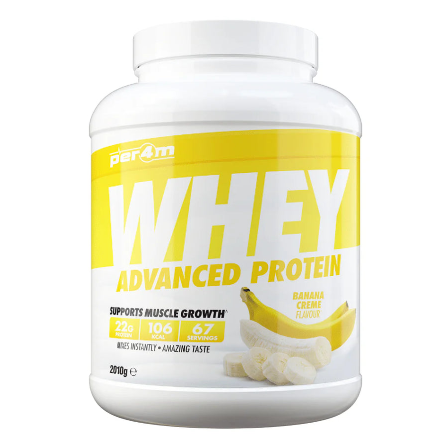 Per4m whey protein powder banana creme flavor in white and yellow container for muscle growth