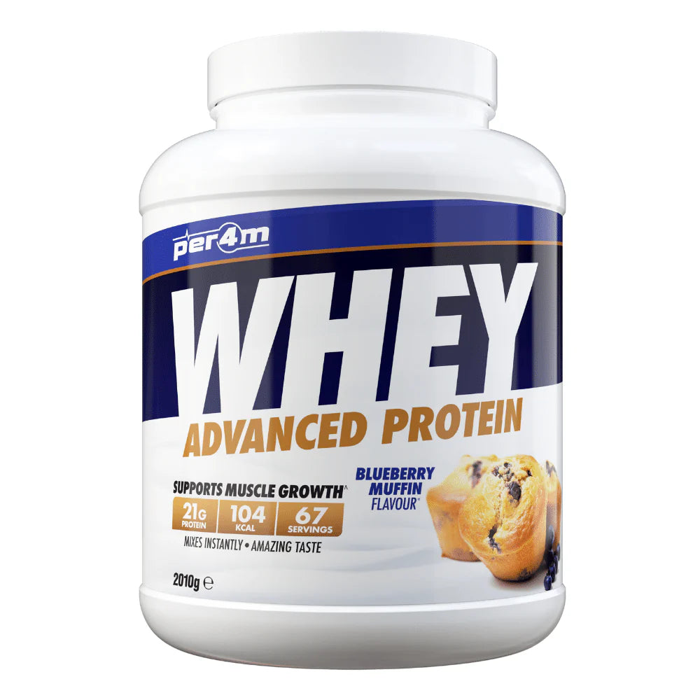 Per4m whey protein powder blueberry muffin flavor container with 21g protein and 67 servings