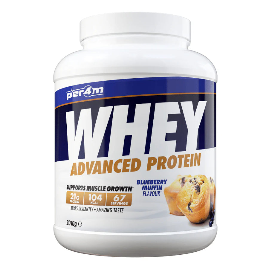 Per4m whey protein powder blueberry muffin flavor container with 21g protein and 67 servings