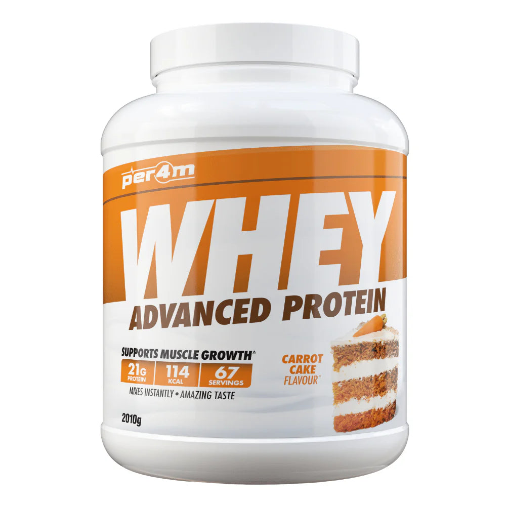 Per4m whey protein powder carrot cake flavor container for muscle growth and recovery