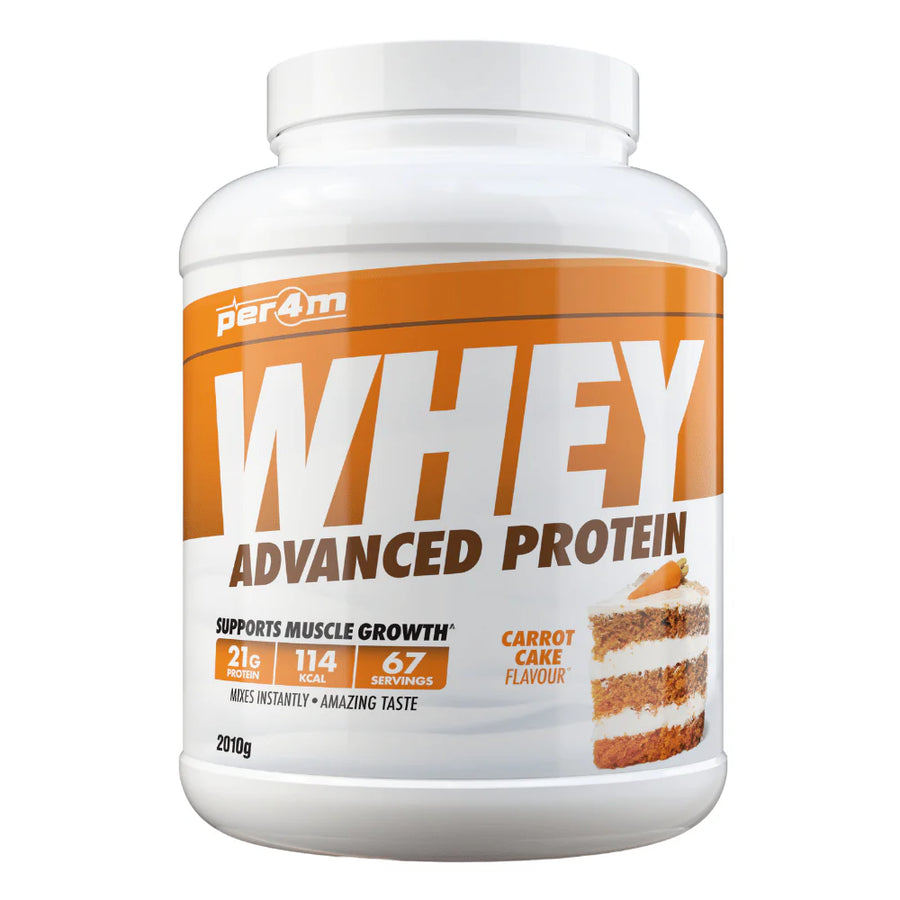 Per4m whey protein powder carrot cake flavor container for muscle growth and recovery