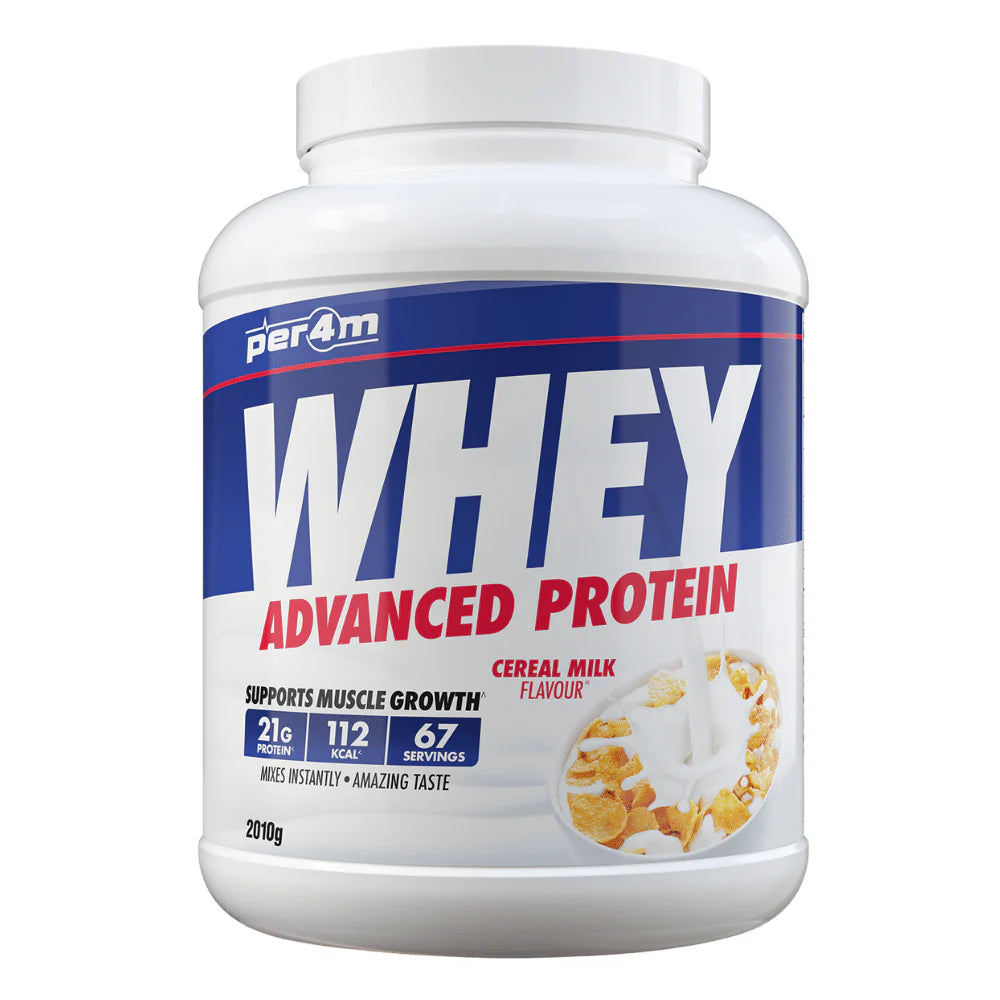 Per4m whey protein powder advanced cereal milk flavor supports muscle growth 2010g container