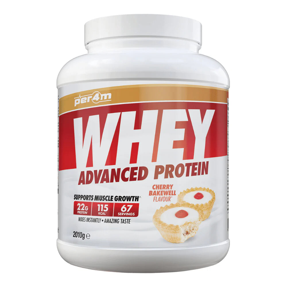 Per4m whey protein powder container with cherry bakewell flavor supporting muscle growth