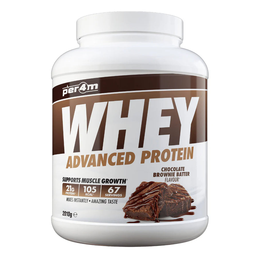 Per4m whey protein powder chocolate brownie batter flavor supports muscle growth 67 servings