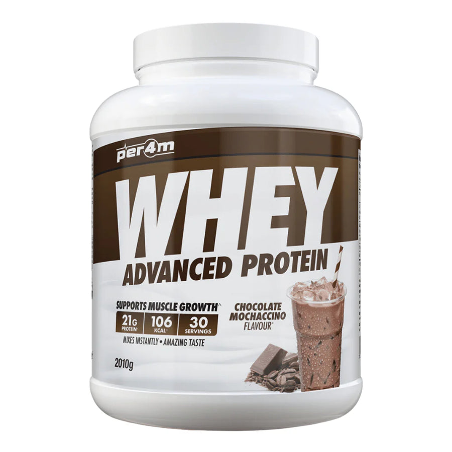 Per4m whey protein powder chocolate mochaccino flavor container with 21 grams protein per serving