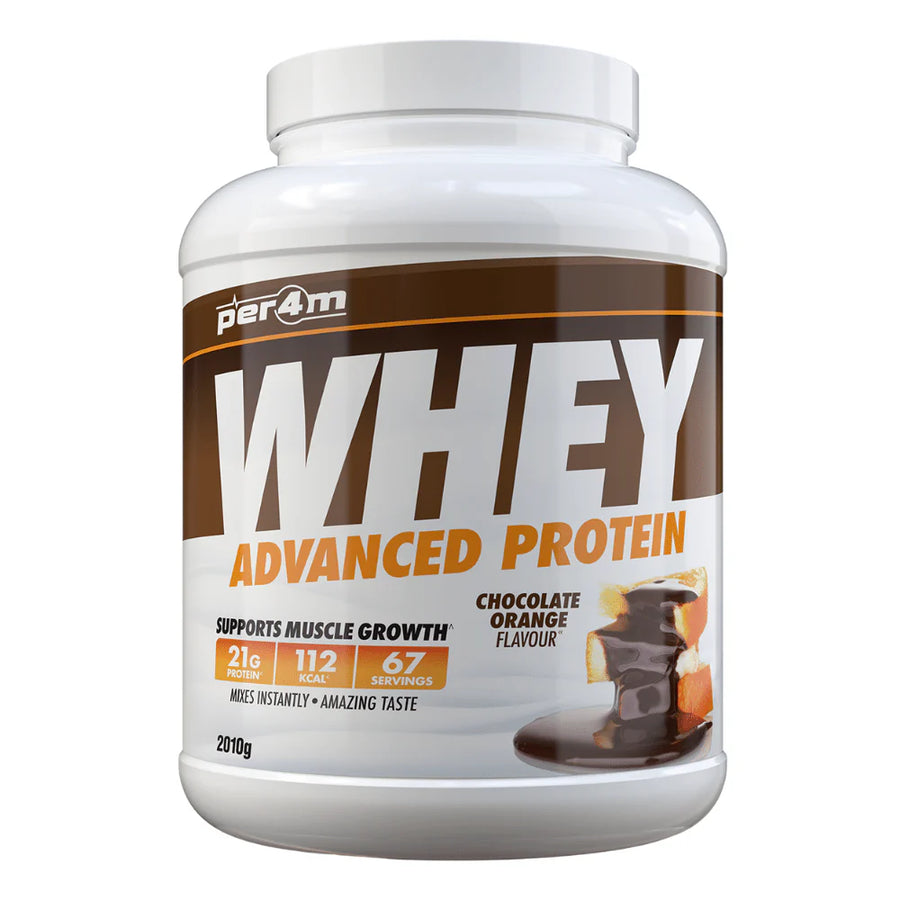 Per4m whey protein powder advanced chocolate orange flavor supports muscle growth 2010g