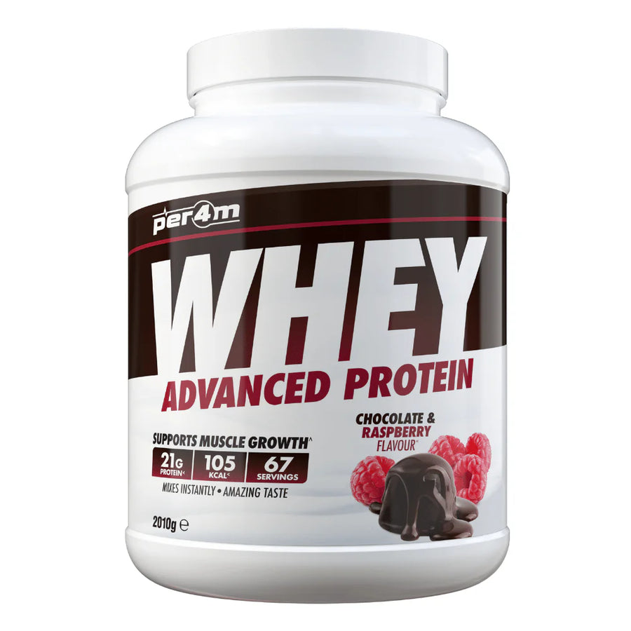 Per4m whey protein powder chocolate and raspberry flavor with 21 grams protein per serving