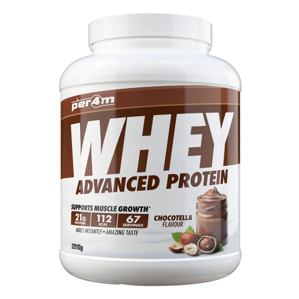 Per4m whey protein powder container with chocotella flavor supports muscle growth and 67 servings