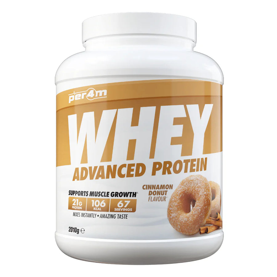 Per4m whey protein powder cinnamon donut flavor container supporting muscle growth