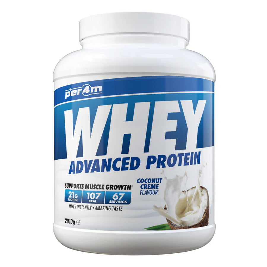 Per4m whey protein powder coconut creme flavor with 21g protein per serving for muscle growth