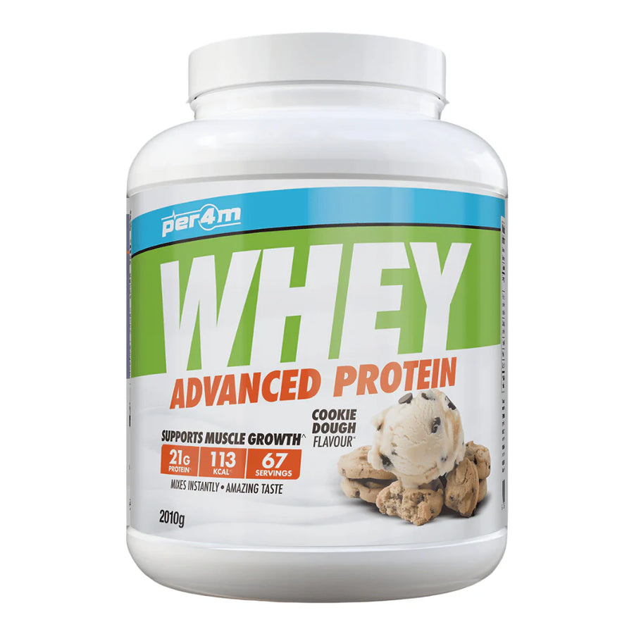 Per4m whey protein powder cookie dough flavor with 21g protein and 67 servings container