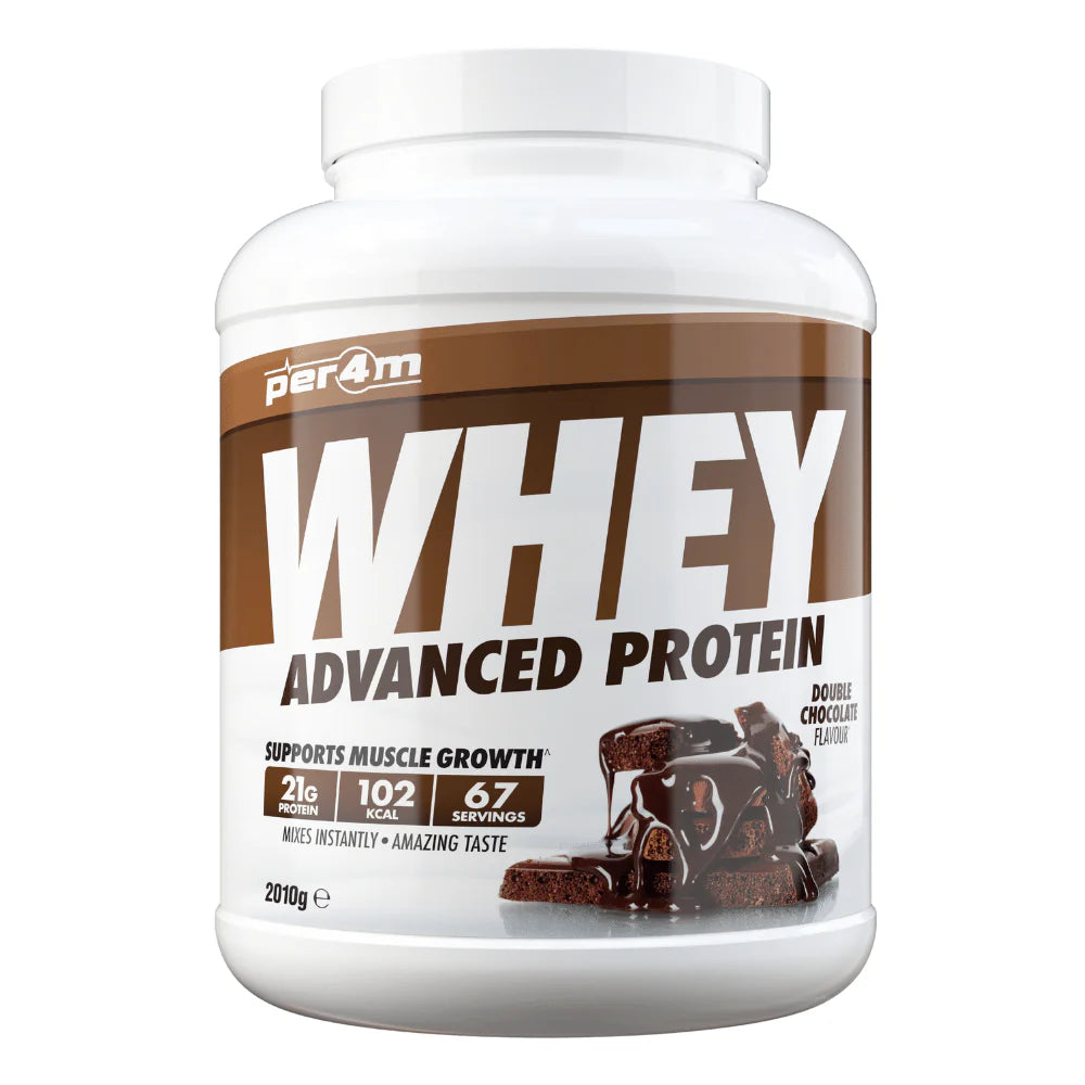 Per4m whey protein powder double chocolate flavor container supports muscle growth 67 servings