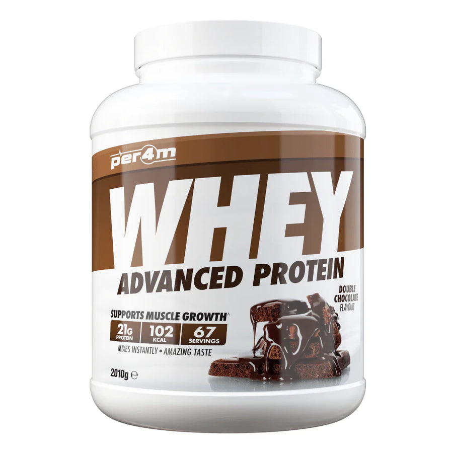 Per4m whey protein powder double chocolate flavor container supports muscle growth 67 servings
