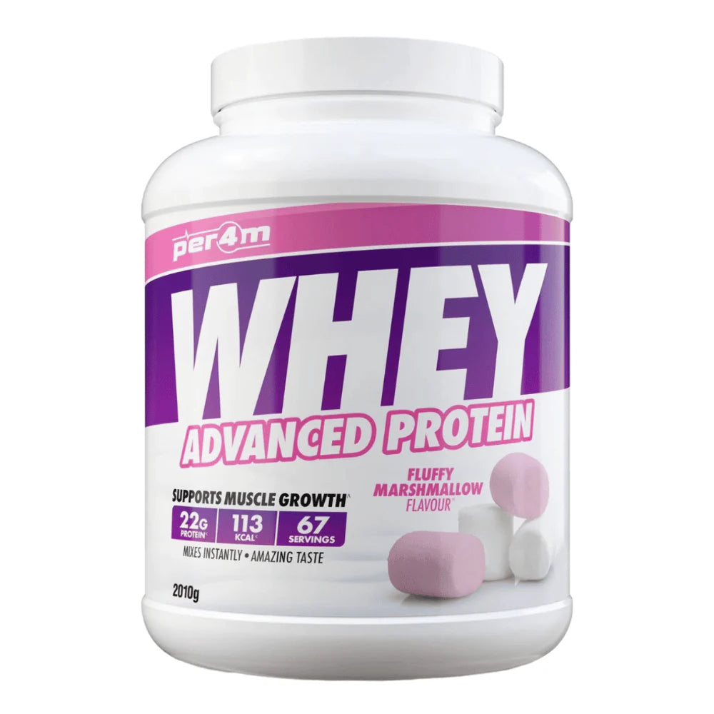 Per4m whey protein powder container with fluffy marshmallow flavor supporting muscle growth